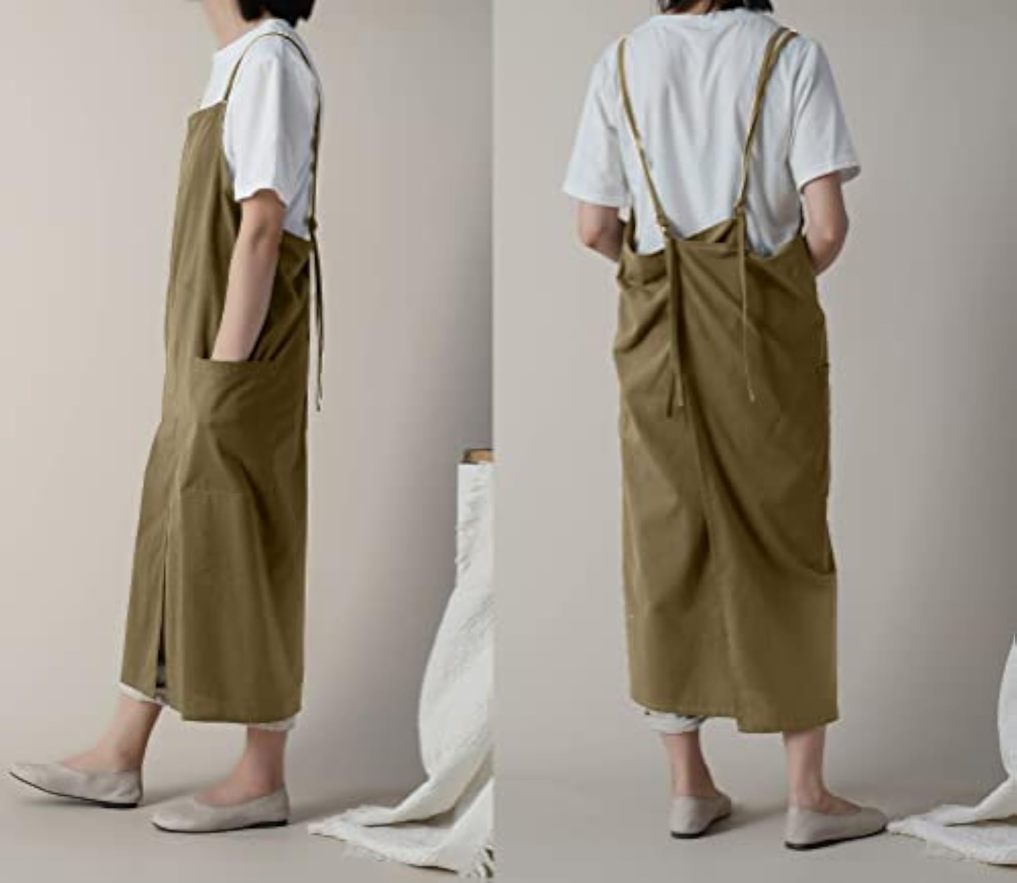 Cotton Long Square Cross Back Apron with Pockets